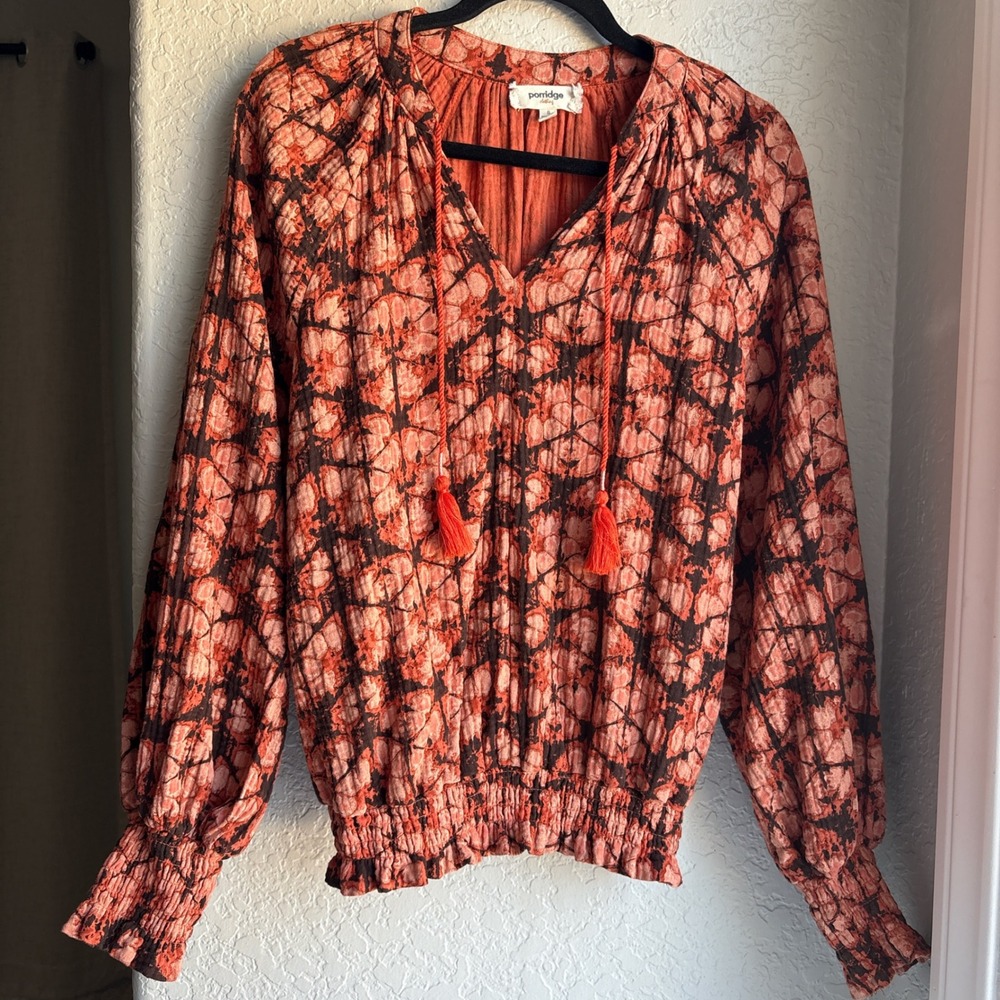 Anthropologie‎ Womens S Blouse Porridge Tie Dye Floral Orange Cotton Tassel Top